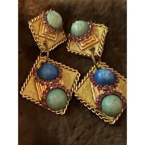 VTG 80'S SINS Runway Large Boho Acrylic Crystals Drop Dangle Clip Earrings